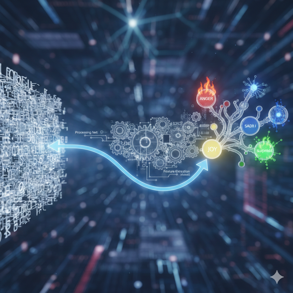 Diagrama do funcionamento do modelo de análise de sentimentos: do texto à determinação da emoção