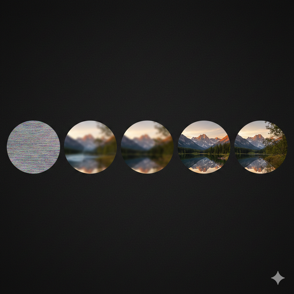 Visualização passo a passo do processo de difusão: do ruído à imagem detalhada