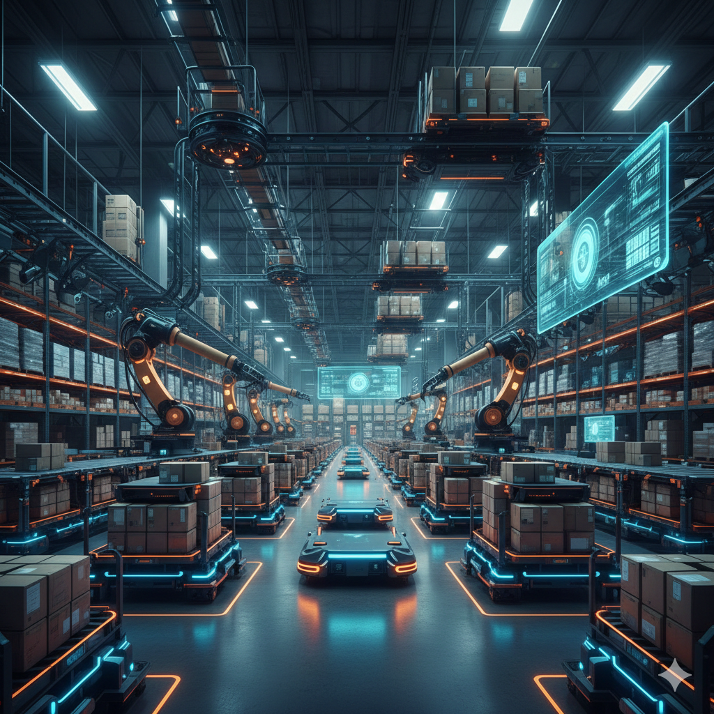 Visão interna de um armazém totalmente automatizado da Amazon com robôs transportadores