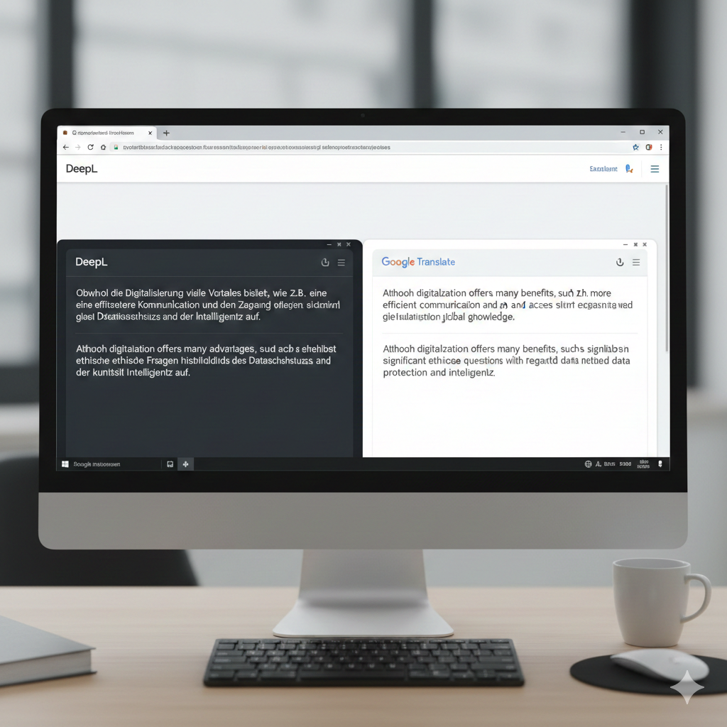 Comparação de interfaces e exemplos de tradução no DeepL e Google Translate